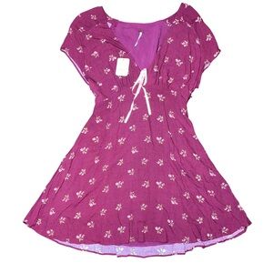 Free People Maroon Pink Floral Short Dress V Neck Tie Dress NWT Small Open